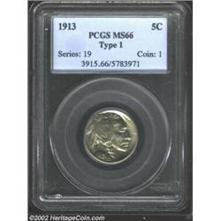 1913 5C Type One MS66 PCGS. Iridescent lime-green, gold, and violet patina. A lustrous and well stru