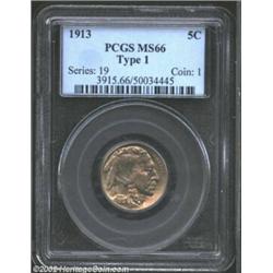 1913 5C Type One MS66 PCGS. Delicate golden and ice-blue toning blankets each side. Terrific strike.