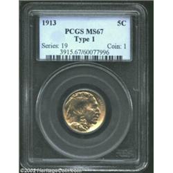 1913 5C Type One MS67 PCGS. The luster on this Superb golden-hued Gem is second to none. Important n