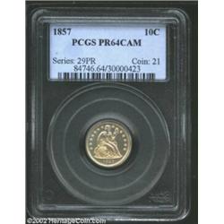 1857 10C PR64 Cameo PCGS. Only a single die marriage is known for this rare, early proof, and it is.