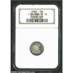 1863 10C PR68 NGC. As with the Half Dimes of the same date, business strikes are far scarcer than th