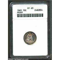1865 10C PR63 ANACS. Tobacco-brown and electric-blue peripheral colors frame the untoned centers. Bo