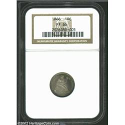 1866 10C PR66 NGC. Iridescent gold, powder-blue, and rose-violet colors appear when the Dime is rota