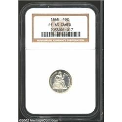 1868 10C PR63 Cameo NGC. A lovely specimen, with notable cameo contrast against the watery, somewhat