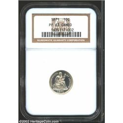 1871 10C PR63 Cameo NGC. Lovely cameo contrast, with green and gold colors and plenty of mint frost,