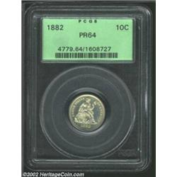 1882 10C PR64 PCGS. Lightly frosted yellow-gold devices contrast mildly with pale-green fields. Ther