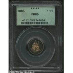 1885 10C PR65 PCGS. Golden-brown, aqua, and rose speckled patina surrounds the lightly toned centers