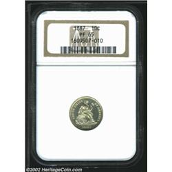 1887 10C PR65 NGC. Light yellow-gold patina does not conceal the moderate (and undesignated) cameo c