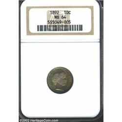 1892 10C MS64 NGC. A coin for the toning enthusiast, both sides exhibit mottled cobalt-blue, olive-g