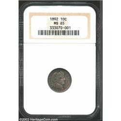 1892 10C MS65 NGC. Rich antique-copper toning overlays Gem quality surfaces. There are blushes of re