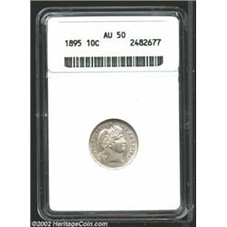 1895 10C AU50 ANACS. Lightly worn with some minor surface markings. A little luster remains on the o