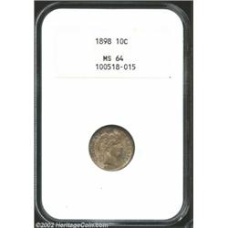 1898 10C MS64 NGC. Pleasing apple-green and rose-gold patina enriches this well preserved near-Gem..
