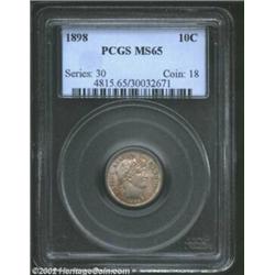 1898 10C MS65 PCGS. Sharply struck and exquisitely preserved, with uneven amber patina displayed ove