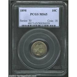 1898 10C MS65 PCGS. The base of the 1 in the date is lightly repunched. Splendid green-gray, violet,