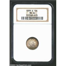 1899-S 10C MS64 NGC. Lovely golden-brown and electric-blue peripheral patina. A lustrous and well st