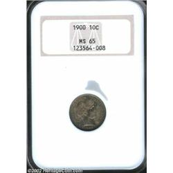 1900 10C MS65 NGC. Full mint frost shimmers beneath rich steel-gray and antique-gold toning. The col