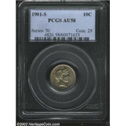 1901-S 10C AU58 PCGS. The obverse has wispy green-gold color, and the reverse has faded freckles of.