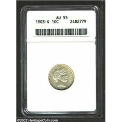 1903-S 10C AU55 ANACS. Virtually no wear is seen on either side, although some light hairlines are p