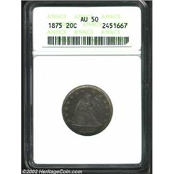 1875 20C AU50 ANACS. The obverse has dusky cobalt-blue and russet patina, while the reverse has a br