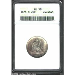 1875-S 20C AU58 ANACS. The obverse fields have rose patina, while the reverse has a hint of gold col