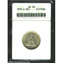 1875-S 20C AU58 ANACS. Golden-gray in sheen, the surfaces are minimally worn with uncommonly bold st