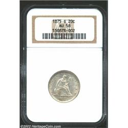 1875-S 20C AU58 NGC. A portion of an errant 8 in the date is misplaced within the denticles beneath.