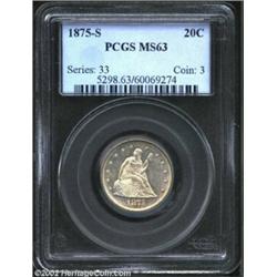 1875-S 20C MS63 PCGS. A mildly prooflike representative that has a hint of golden-brown patina. Well