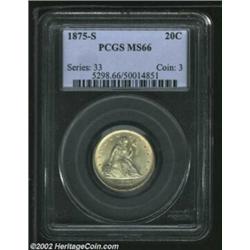 1875-S 20C MS66 PCGS. Another, and even finer Gem quality '75-S Twenty Cent piece, the carefully pro