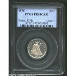 1875 20C PR63 Cameo PCGS. A well struck and brilliant piece that has irrefutable cameo contrast. The