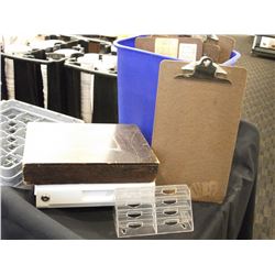 7 CLIPBOARDS, DESK TRAY, BUSINESS CARD HOLDER, 2 BASKETS, RECYCLE BIN, LOCK BOX, WOOD BOX