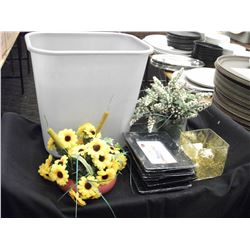 2 FLORAL ARRANGEMENTS, 4 PICTURE FRAMES, GLASS VASE, GREY GARBAGE CAN