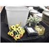 Image 1 : 2 FLORAL ARRANGEMENTS, 4 PICTURE FRAMES, GLASS VASE, GREY GARBAGE CAN