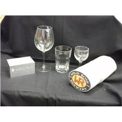 THREE SLEEVES "WILD ROSE BREWERY" COASTERS, RED WINE GLASSES, PICTURE FRAMES, WATER GLASSES, AND LIG