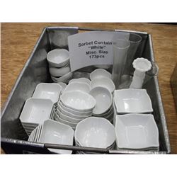 ASSORTMENT OF WHITE SORBET CONTAINERS (VARIOUS SIZES), VASES - CONTENTS OF METAL BIN