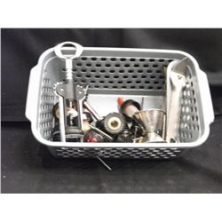 CORK SCREWS, BOTTLE OPENERS, BOTTLE POURERS, MEASURERS - CONTENTS OF BASKET
