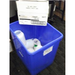BAR PLASTIC MIXING JUGS WITH TOPS (ASSORTED), BLUE RECYCLE BIN, AND SPRAY FOAM SOAP REFILS