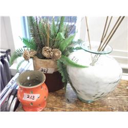 LARGE GLASS VASE, FLORAL ARRANGEMENT AND ORANGE CANDLE HOLDER