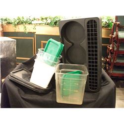 PLASTIC BINS, COFFEE DISPENSER DRIP TRAYS, MEASURING BINS - CONTENTS OF BOX