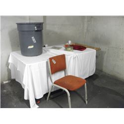 FOLDING TABLE, CHAIR, BAR CLOTHS, GARBAGE CAN, AND MISCELLANEOUS