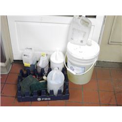 LIQUID DISHWASH, POT AND PAN DETERGENT, SURFACE SANITIZER, DESCALER, DEODORIZER, AND BLUE CRATE WITH