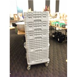 FIVE PLASTIC DISH RACKS AND ROLLING CART