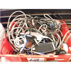 ASSORTED CABLES, COMPUTER ACCESSORIES, WIRE AND ADAPTORS - CONTENTS OF RED BASKET
