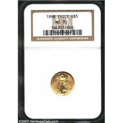 1998 G$5 Tenth-Ounce Gold Eagle MS70 NGC. This is an exquisite Superb Gem, with a razor-sharp strike