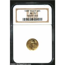 1999 G$5 Tenth-Ounce Gold Eagle MS70 NGC. A bright and flashy Superb Gem, with the requisite full st