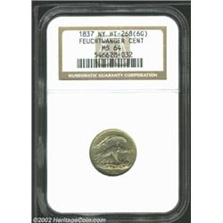 1837 1C Feuchtwanger Cent MS64 NGC. HT-268(6G), R.1. Apple-green patina near the borders frames the.