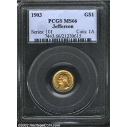 1903 G$1 Louisiana Purchase/Jefferson MS66 PCGS. Orange-gold in color, the surfaces are expectantly.