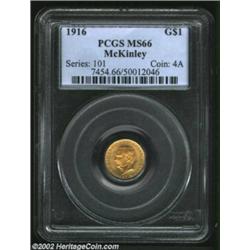 1916 G$1 McKinley MS66 PCGS. A Gem McKinley Gold Dollar with virtually pristine surfaces, with only.