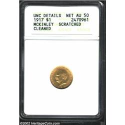 1917 G$1 McKinley--Scratched, Cleaned--ANACS. Unc Details, Net AU50. Orange-gold coloration.From The