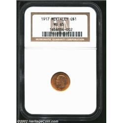 1917 G$1 McKinley MS65 NGC. Beautiful, variegated colors dance across smooth surfaces in reddish-gol