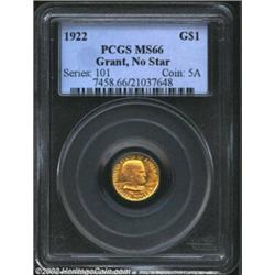 1922 G$1 Grant MS66 PCGS. A pleasing Gem that has rich honey-gold color and lustrous surfaces. Exqui